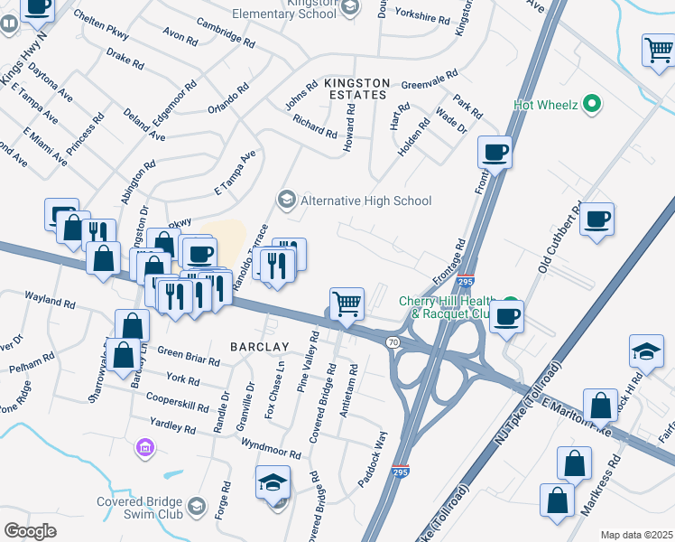 map of restaurants, bars, coffee shops, grocery stores, and more near 1840 Frontage Road in Cherry Hill