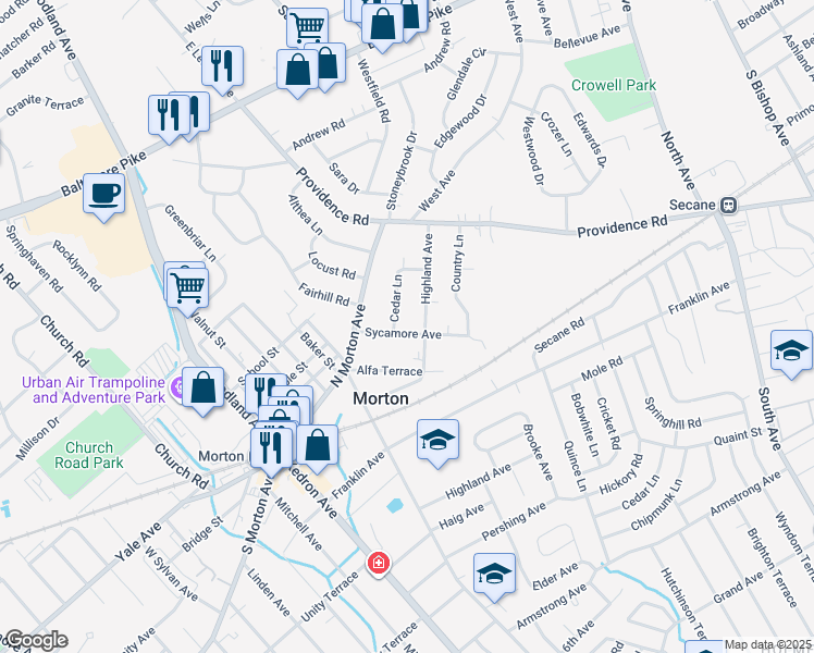 map of restaurants, bars, coffee shops, grocery stores, and more near 24 Sycamore Avenue in Morton