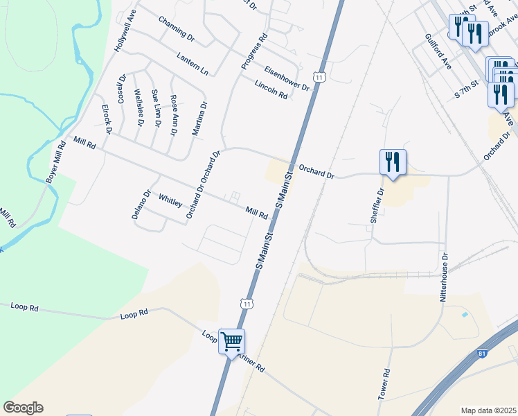 map of restaurants, bars, coffee shops, grocery stores, and more near 128 Mill Road in Chambersburg
