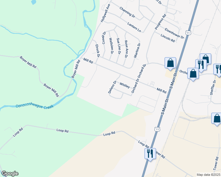 map of restaurants, bars, coffee shops, grocery stores, and more near 252 Merriweather Drive in Chambersburg