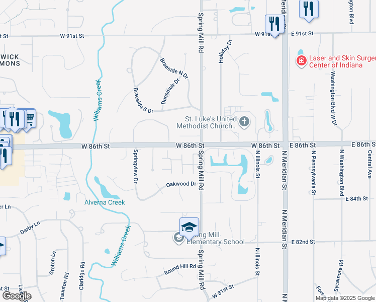 map of restaurants, bars, coffee shops, grocery stores, and more near 421 West 86th Street in Indianapolis