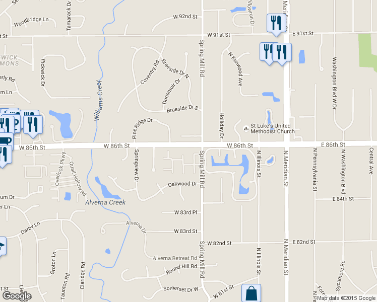map of restaurants, bars, coffee shops, grocery stores, and more near 421 West 86th Street in Indianapolis
