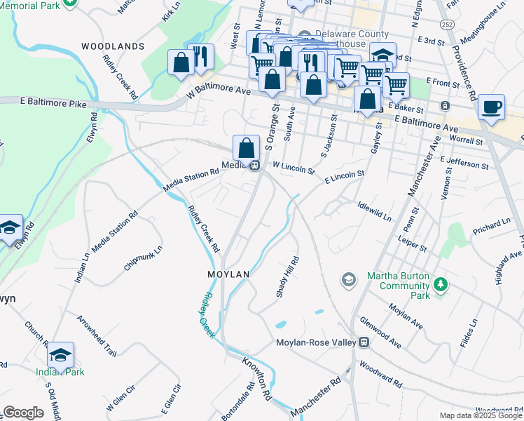 map of restaurants, bars, coffee shops, grocery stores, and more near 522 South Avenue in Media