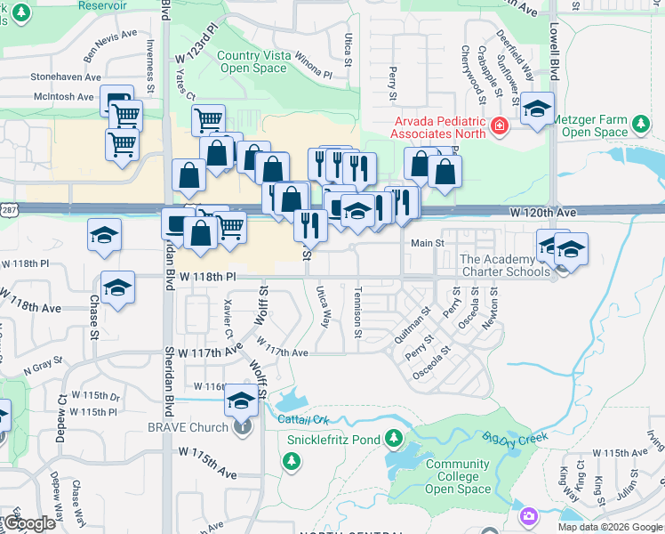 map of restaurants, bars, coffee shops, grocery stores, and more near 11860 Utica Street in Westminster