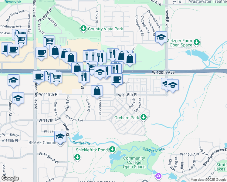 map of restaurants, bars, coffee shops, grocery stores, and more near 11865 Bradburn Boulevard in Westminster