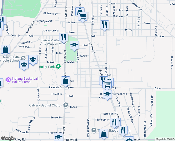 map of restaurants, bars, coffee shops, grocery stores, and more near 2105 Cherrywood Avenue in New Castle