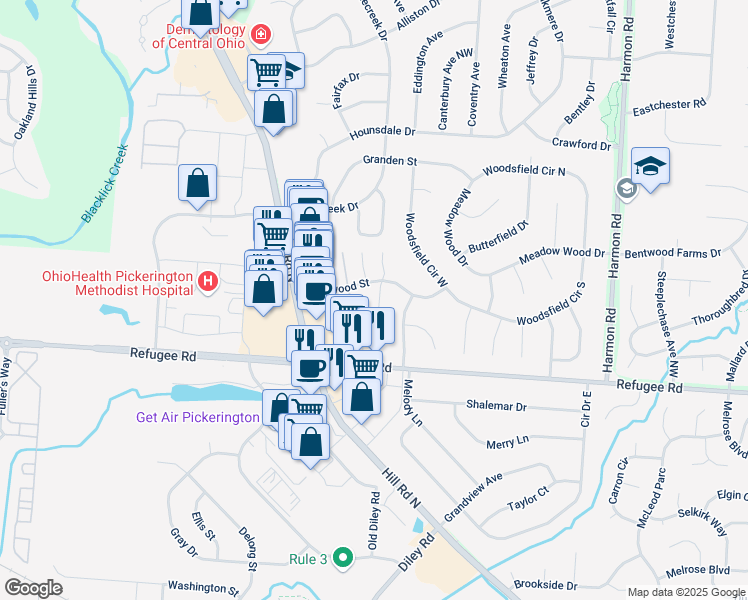 map of restaurants, bars, coffee shops, grocery stores, and more near 1331 Brookview Circle in Pickerington