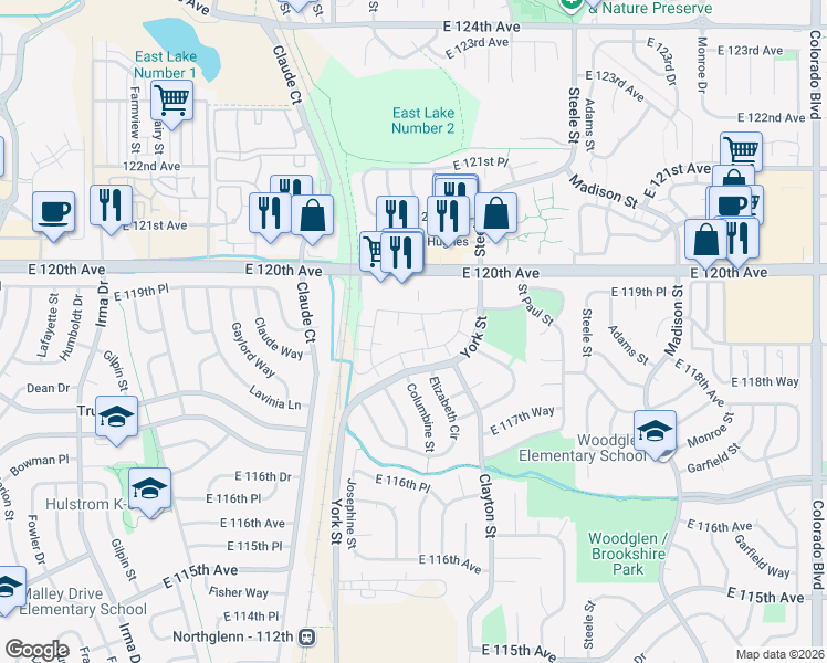 map of restaurants, bars, coffee shops, grocery stores, and more near 11801 York Street in Thornton