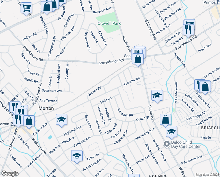 map of restaurants, bars, coffee shops, grocery stores, and more near 2415 Franklin Avenue in Delaware County