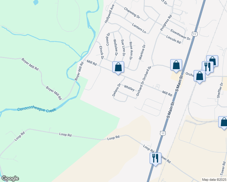 map of restaurants, bars, coffee shops, grocery stores, and more near Delano Drive in Chambersburg