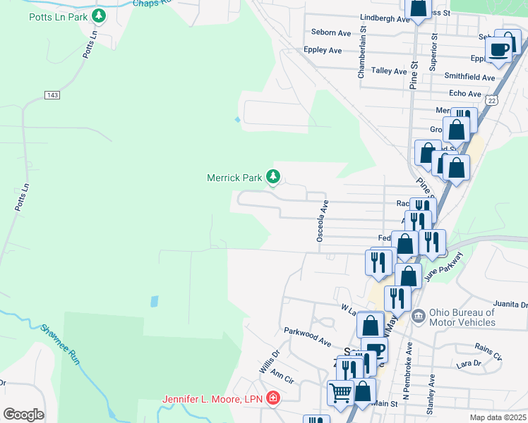 map of restaurants, bars, coffee shops, grocery stores, and more near 1404 National Way in Zanesville