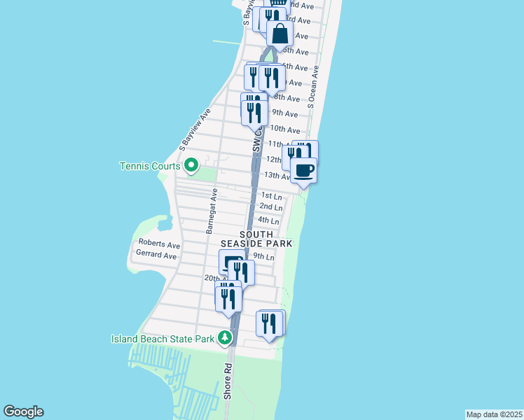 map of restaurants, bars, coffee shops, grocery stores, and more near 15 3rd Lane in Seaside Park