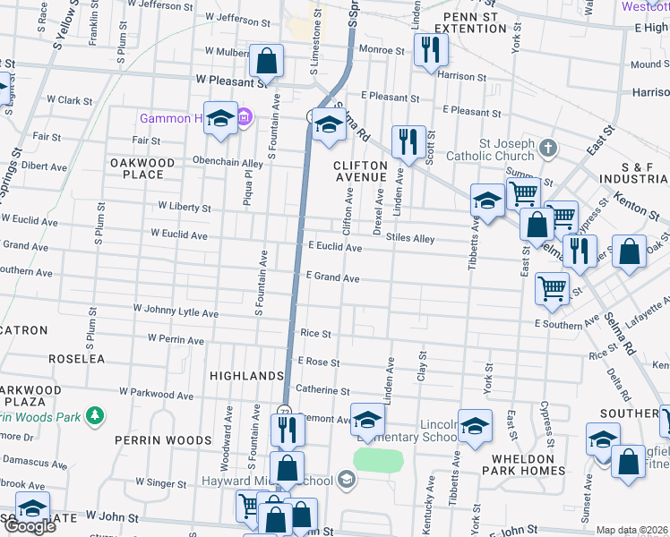 map of restaurants, bars, coffee shops, grocery stores, and more near 144 East Grand Avenue in Springfield