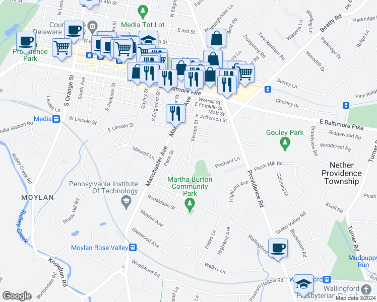 map of restaurants, bars, coffee shops, grocery stores, and more near 440 Vernon Street in Media