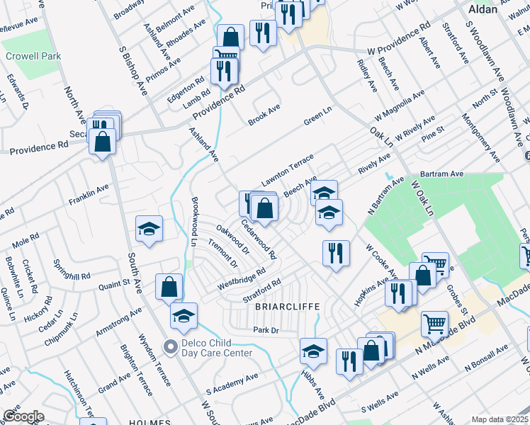 map of restaurants, bars, coffee shops, grocery stores, and more near 1081 West Ashland Avenue in Glenolden