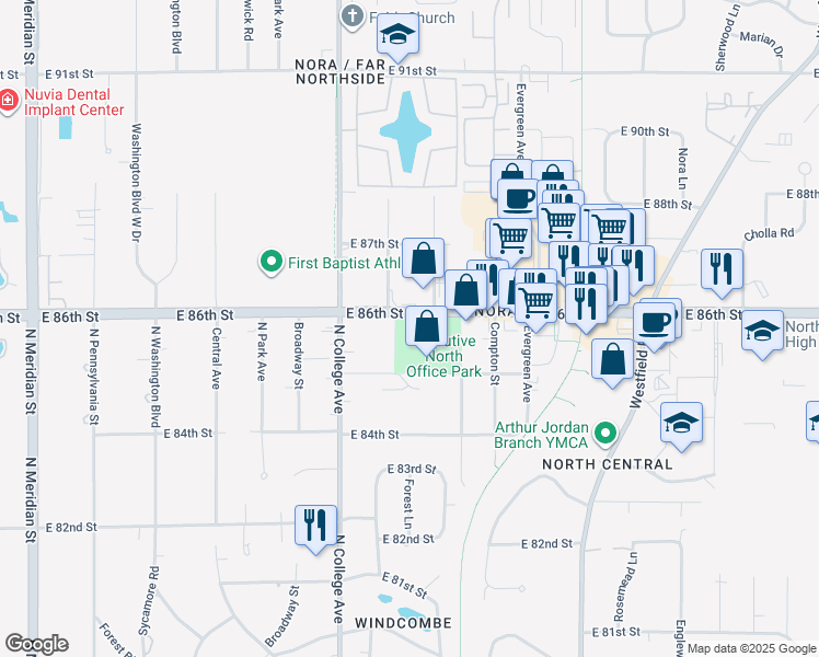 map of restaurants, bars, coffee shops, grocery stores, and more near 901 E 86th St in Indianapolis