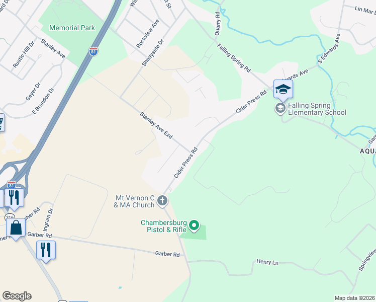 map of restaurants, bars, coffee shops, grocery stores, and more near 1400 Stanley Avenue Exd in Chambersburg