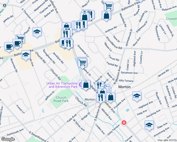 map of restaurants, bars, coffee shops, grocery stores, and more near 100 Newell Street in Morton