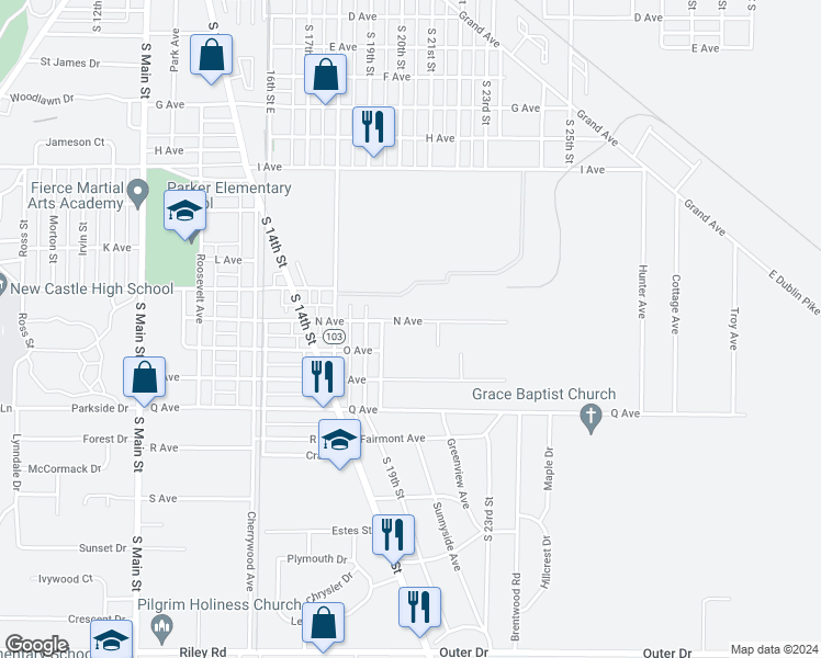 map of restaurants, bars, coffee shops, grocery stores, and more near 2009 N Avenue in New Castle