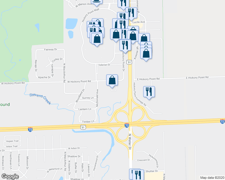 map of restaurants, bars, coffee shops, grocery stores, and more near 189 West Hickory Point Road in Decatur