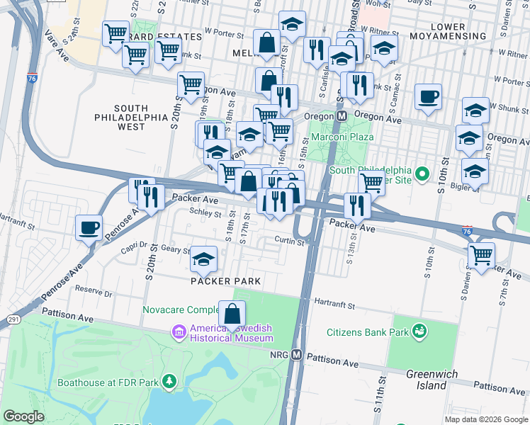map of restaurants, bars, coffee shops, grocery stores, and more near 1610 Packer Avenue in Philadelphia