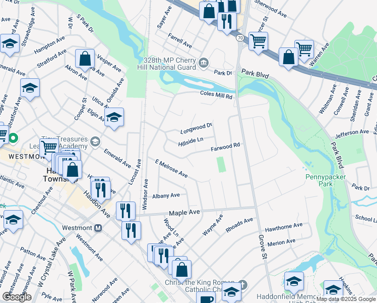 map of restaurants, bars, coffee shops, grocery stores, and more near 345 Farwood Road in Haddonfield