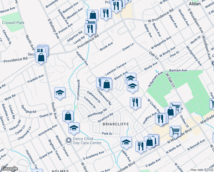 map of restaurants, bars, coffee shops, grocery stores, and more near 1081 West Ashland Avenue in Glenolden