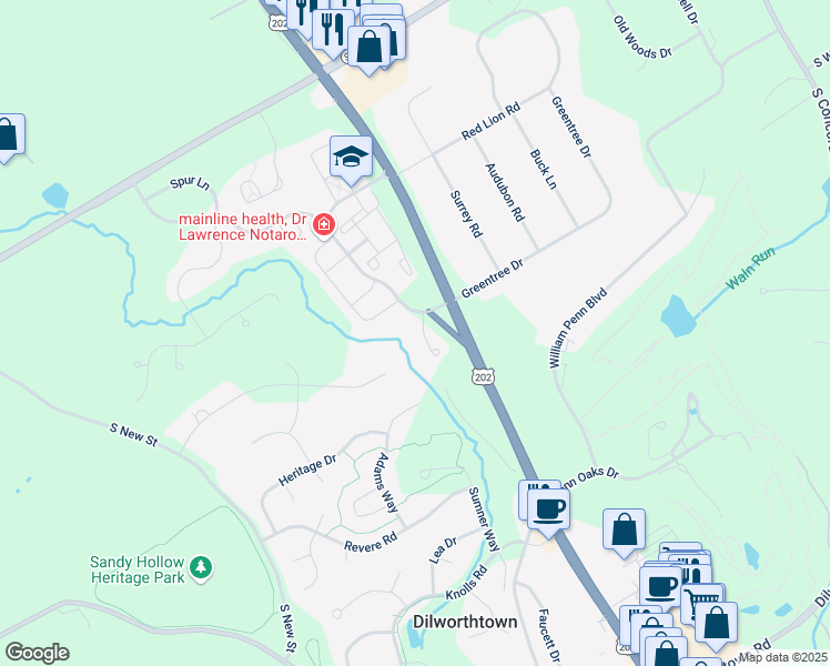 map of restaurants, bars, coffee shops, grocery stores, and more near 108 Forelock Court in West Chester