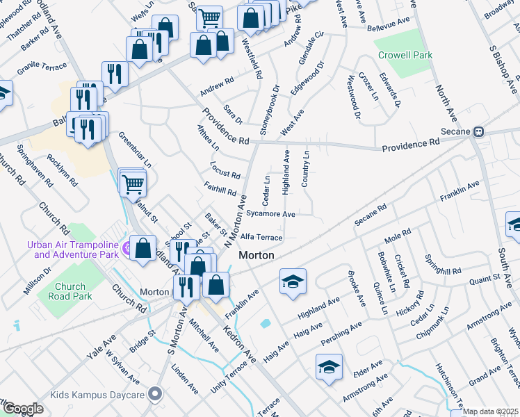 map of restaurants, bars, coffee shops, grocery stores, and more near 608 Cedar Lane in Morton