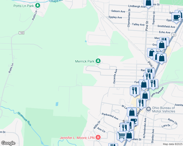 map of restaurants, bars, coffee shops, grocery stores, and more near 1404 National Way in Zanesville