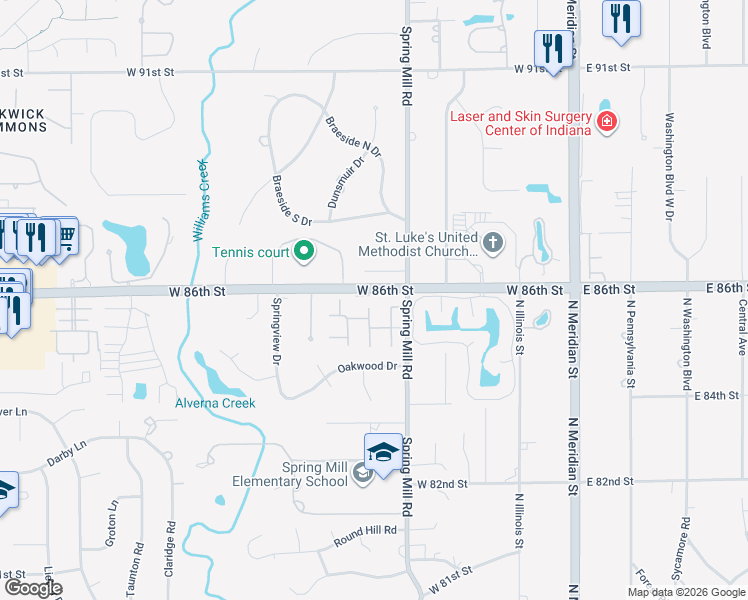 map of restaurants, bars, coffee shops, grocery stores, and more near 421 West 86th Street in Indianapolis