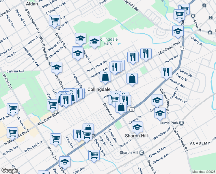 map of restaurants, bars, coffee shops, grocery stores, and more near 121 Sharon Avenue in Collingdale