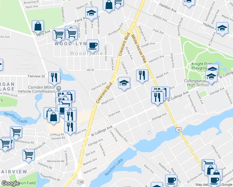 map of restaurants, bars, coffee shops, grocery stores, and more near 921 Magill Avenue in Oaklyn