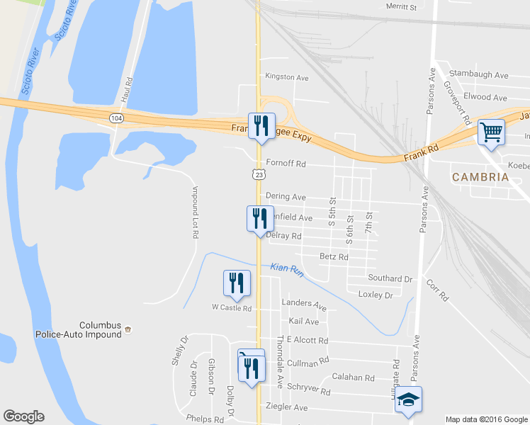 map of restaurants, bars, coffee shops, grocery stores, and more near 2440 S High St in Columbus