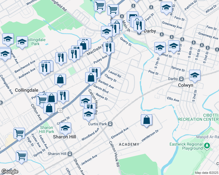 map of restaurants, bars, coffee shops, grocery stores, and more near 208 Bartlett Avenue in Sharon Hill