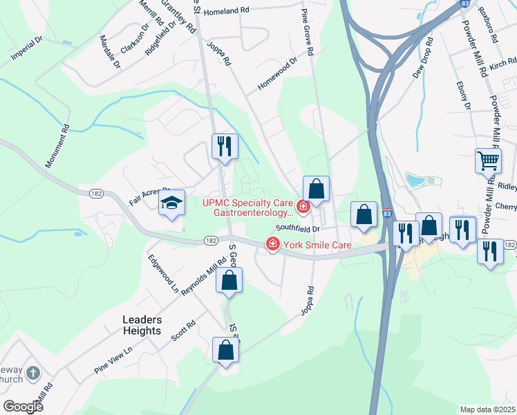 map of restaurants, bars, coffee shops, grocery stores, and more near 33 Leaders Heights Road in York