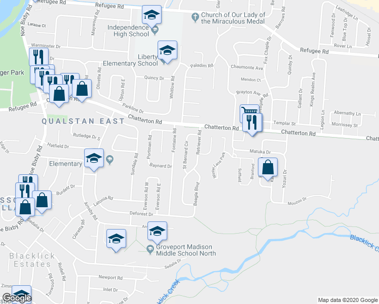 map of restaurants, bars, coffee shops, grocery stores, and more near 3214 Saint Bernard Circle in Columbus