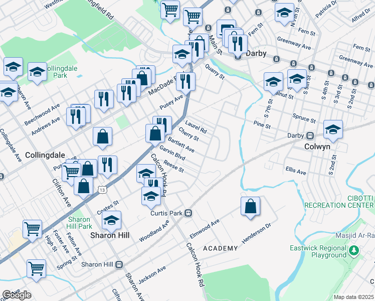 map of restaurants, bars, coffee shops, grocery stores, and more near 208 Bartlett Avenue in Sharon Hill