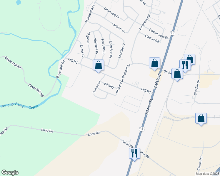 map of restaurants, bars, coffee shops, grocery stores, and more near 225 Whitley in Chambersburg