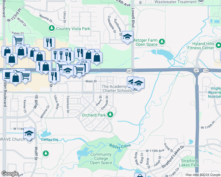 map of restaurants, bars, coffee shops, grocery stores, and more near 3855 West 118th Mews in Westminster