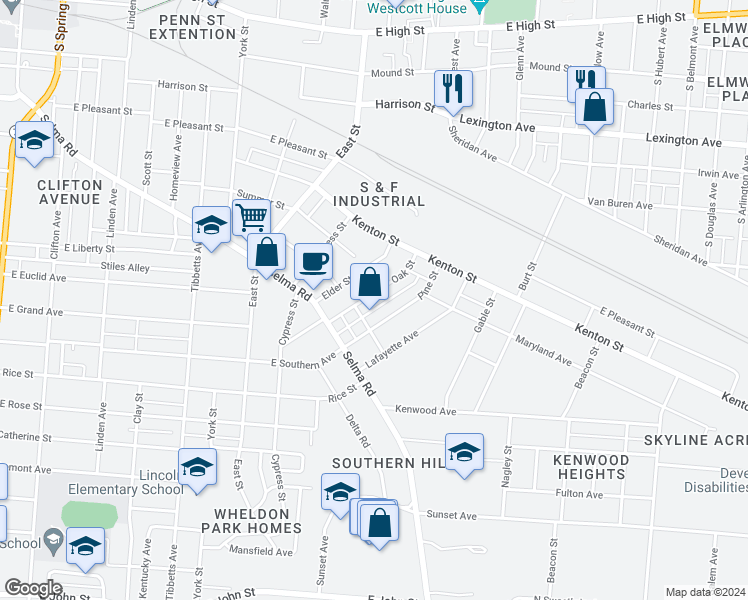 map of restaurants, bars, coffee shops, grocery stores, and more near 930 Oak Street in Springfield
