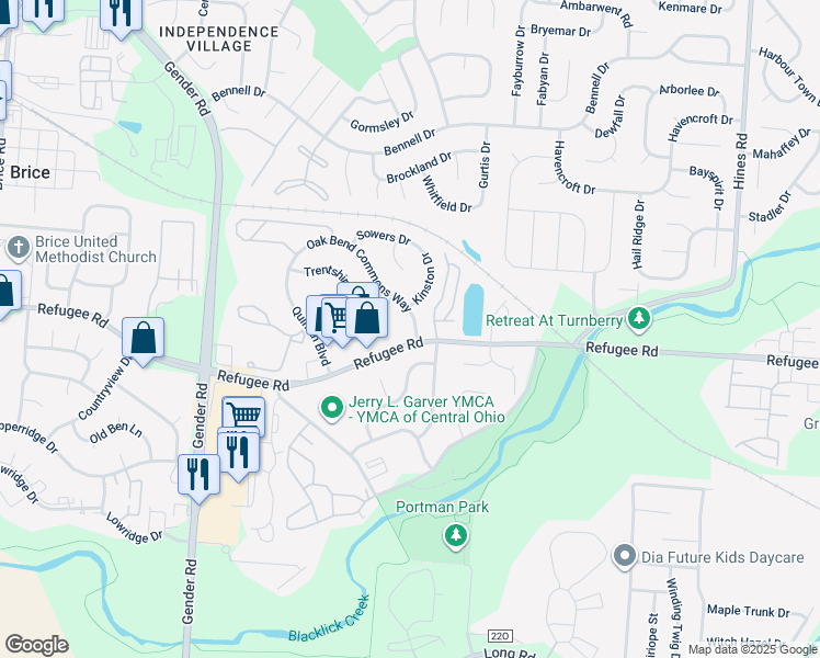 map of restaurants, bars, coffee shops, grocery stores, and more near 3487 Oak Bend Boulevard in Canal Winchester