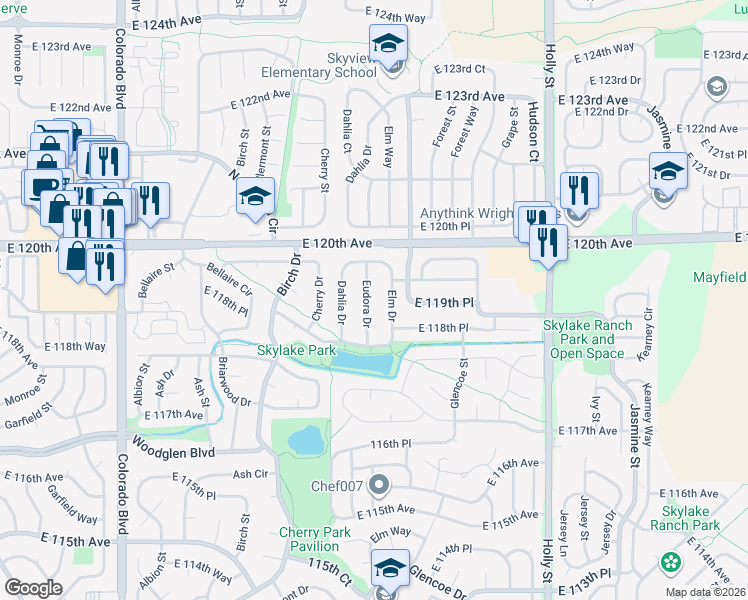 map of restaurants, bars, coffee shops, grocery stores, and more near 11912 Eudora Drive in Thornton