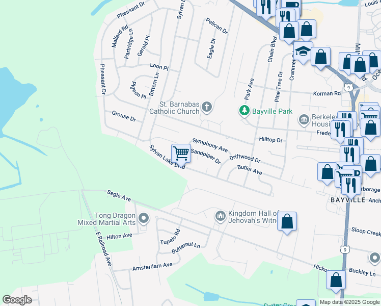 map of restaurants, bars, coffee shops, grocery stores, and more near 13 Symphony Avenue in Berkeley Township