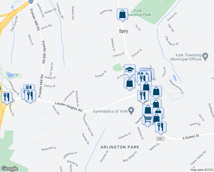map of restaurants, bars, coffee shops, grocery stores, and more near 114 West Crestlyn Drive in York