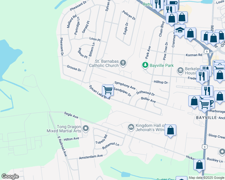 map of restaurants, bars, coffee shops, grocery stores, and more near 13 Symphony Avenue in Berkeley Township