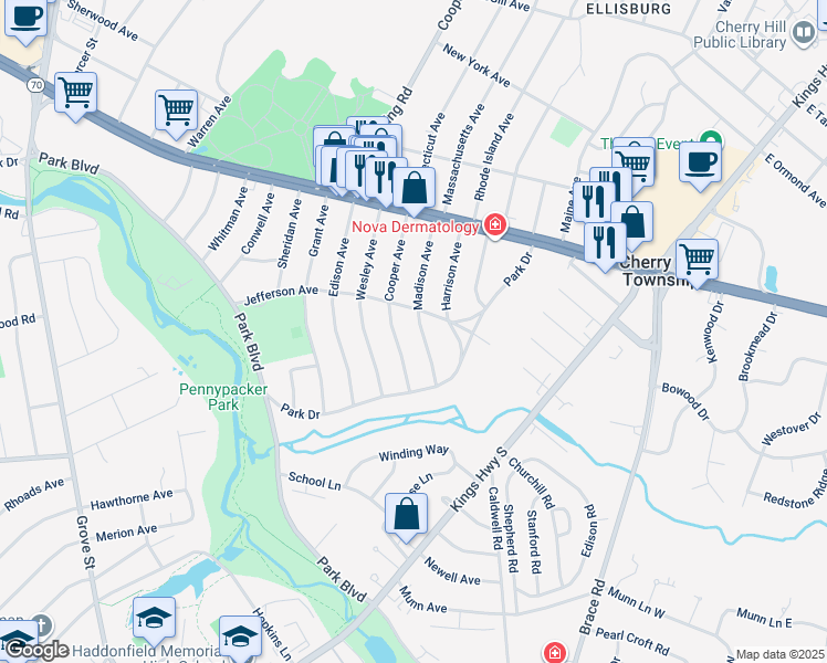map of restaurants, bars, coffee shops, grocery stores, and more near 114 Madison Avenue in Cherry Hill Township