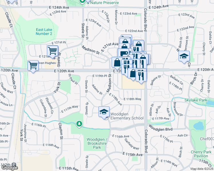 map of restaurants, bars, coffee shops, grocery stores, and more near 3460 119th Street in Thornton