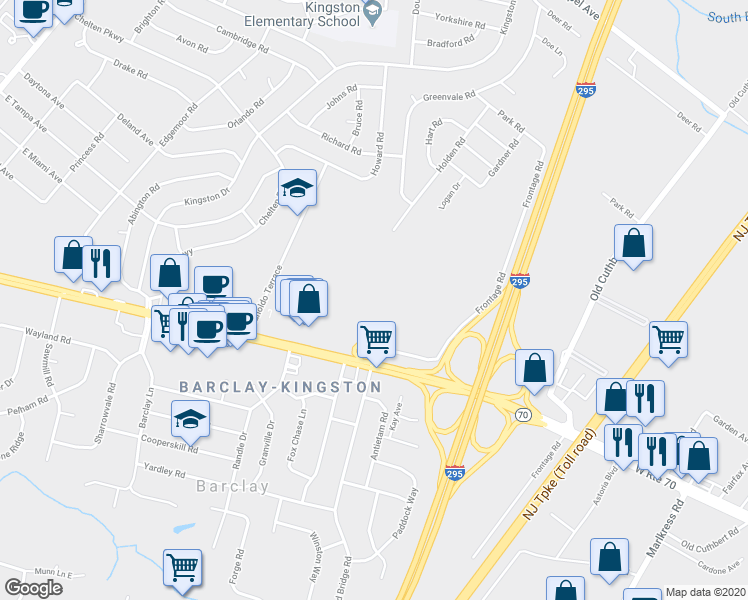 map of restaurants, bars, coffee shops, grocery stores, and more near 1840 Frontage Road in Cherry Hill