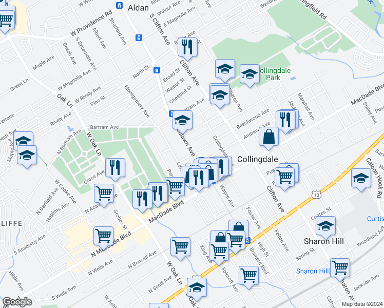 map of restaurants, bars, coffee shops, grocery stores, and more near in Collingdale